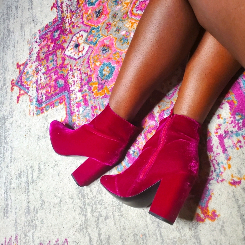 Wine colored Velvet Block Heel Booties SZ 8.5